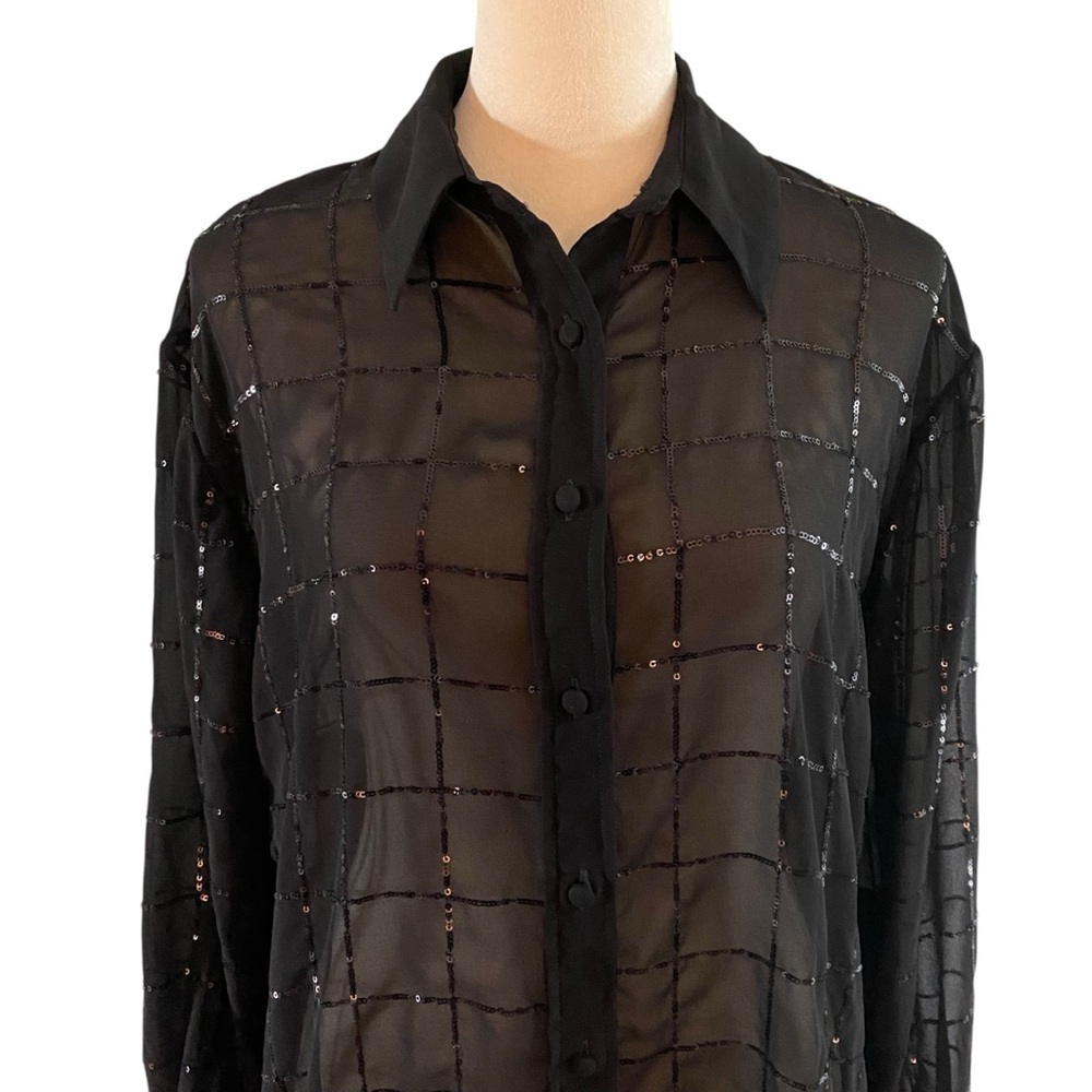 Rdalamal x Anthropologie Black Sheer Sequin Shirt Dress XXS Oversized Festival - Picture 3 of 10